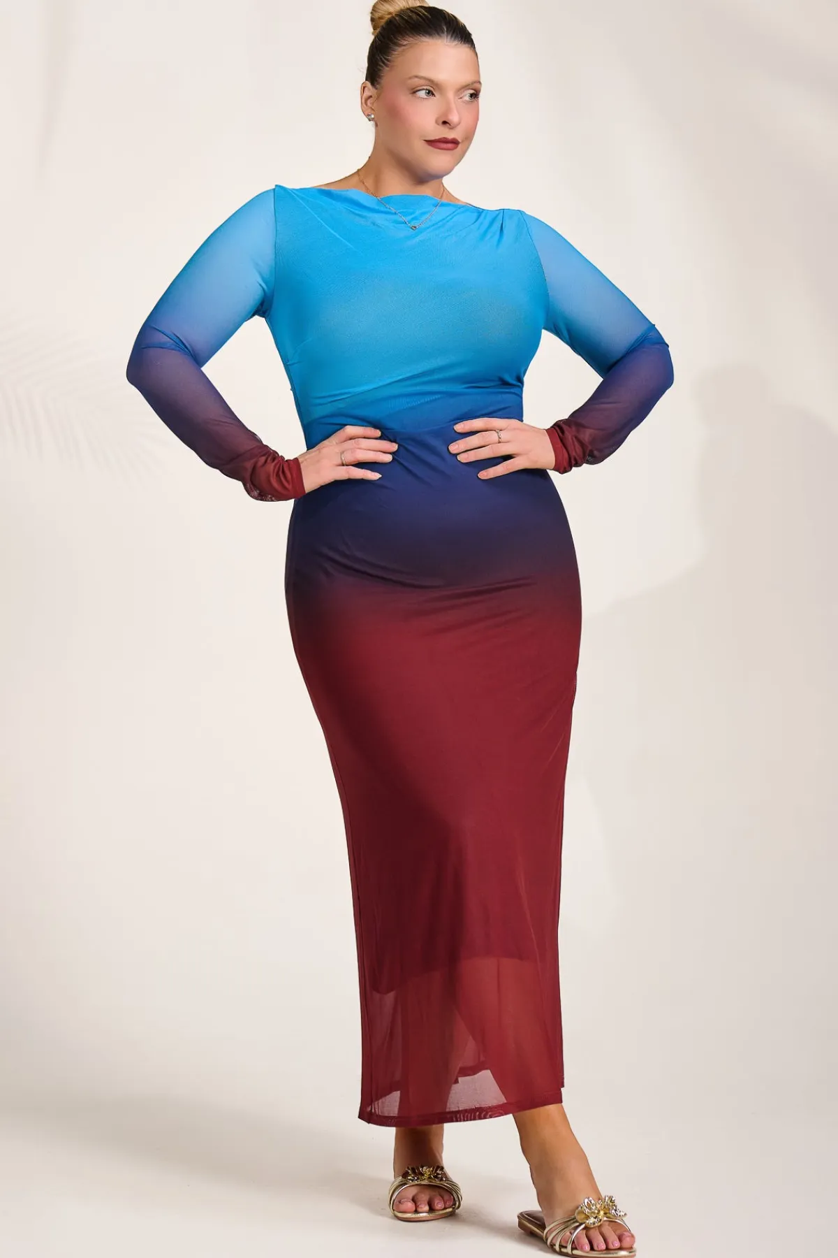 Jolie Moi Occasion Dresses|Mesh Dresses-Long Sleeve Slash Neck Mesh Maxi Dress, Burgundy Ombre