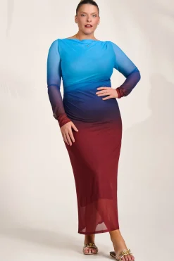 Jolie Moi Occasion Dresses|Mesh Dresses-Long Sleeve Slash Neck Mesh Maxi Dress, Burgundy Ombre
