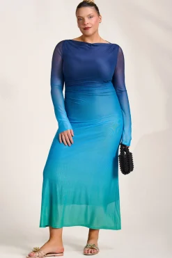 Jolie Moi Occasion Dresses|Mesh Dresses-Long Sleeve Slash Neck Mesh Maxi Dress, Green Ombre