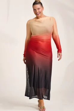 Jolie Moi Occasion Dresses|Mesh Dresses- Long Sleeve Slash Neck Mesh Maxi Dress,Orange Ombre
