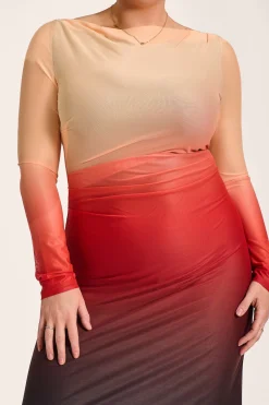 Jolie Moi Occasion Dresses|Mesh Dresses- Long Sleeve Slash Neck Mesh Maxi Dress,Orange Ombre