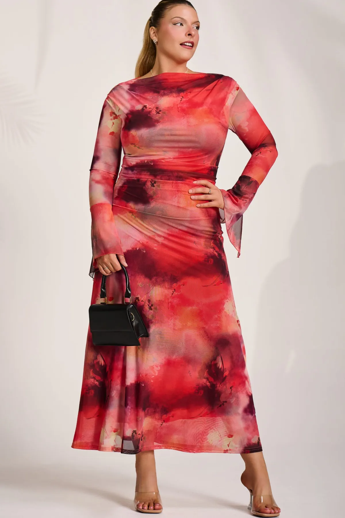Jolie Moi Occasion Dresses|Mesh Dresses-Long Sleeve Slash Neck Mesh Maxi Dress, Red Abstract