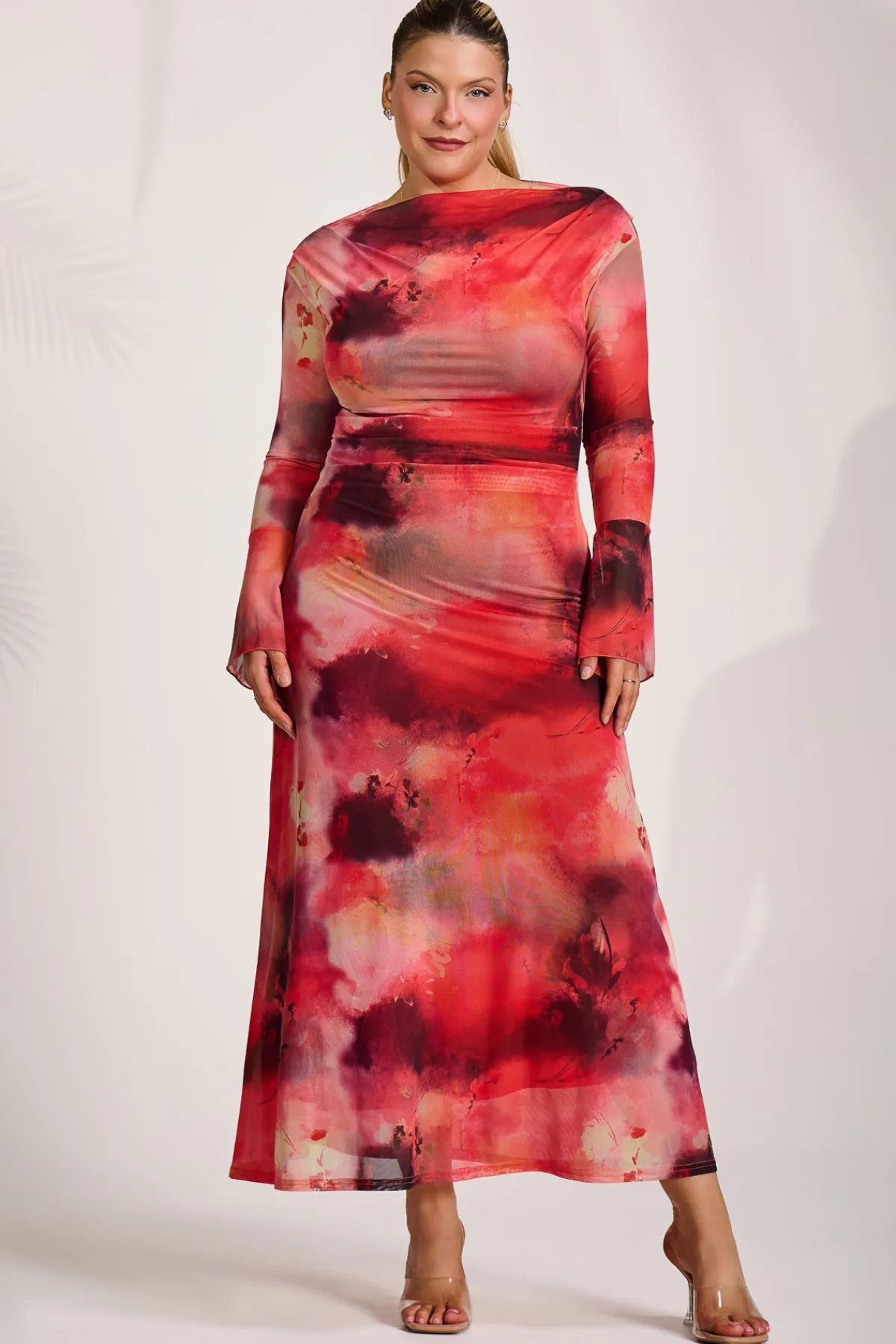Jolie Moi Occasion Dresses|Mesh Dresses-Long Sleeve Slash Neck Mesh Maxi Dress, Red Abstract