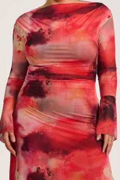 Jolie Moi Occasion Dresses|Mesh Dresses-Long Sleeve Slash Neck Mesh Maxi Dress, Red Abstract