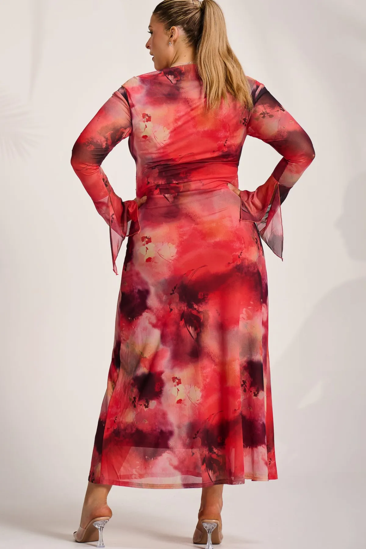 Jolie Moi Occasion Dresses|Mesh Dresses-Long Sleeve Slash Neck Mesh Maxi Dress, Red Abstract