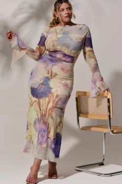 Jolie Moi Occasion Dresses|Floral Dresses-Long Sleeve Slash Neck Mesh Maxi Dress, Yellow Floral