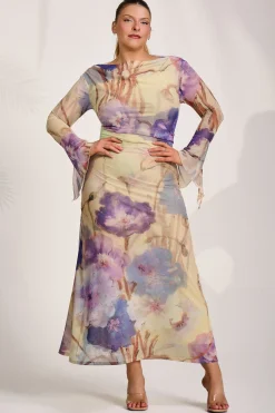 Jolie Moi Occasion Dresses|Floral Dresses-Long Sleeve Slash Neck Mesh Maxi Dress, Yellow Floral