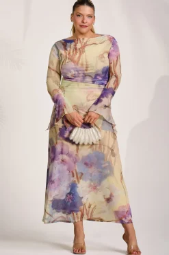 Jolie Moi Occasion Dresses|Floral Dresses-Long Sleeve Slash Neck Mesh Maxi Dress, Yellow Floral