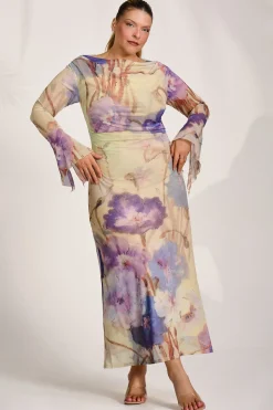 Jolie Moi Occasion Dresses|Floral Dresses-Long Sleeve Slash Neck Mesh Maxi Dress, Yellow Floral