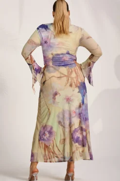 Jolie Moi Occasion Dresses|Floral Dresses-Long Sleeve Slash Neck Mesh Maxi Dress, Yellow Floral