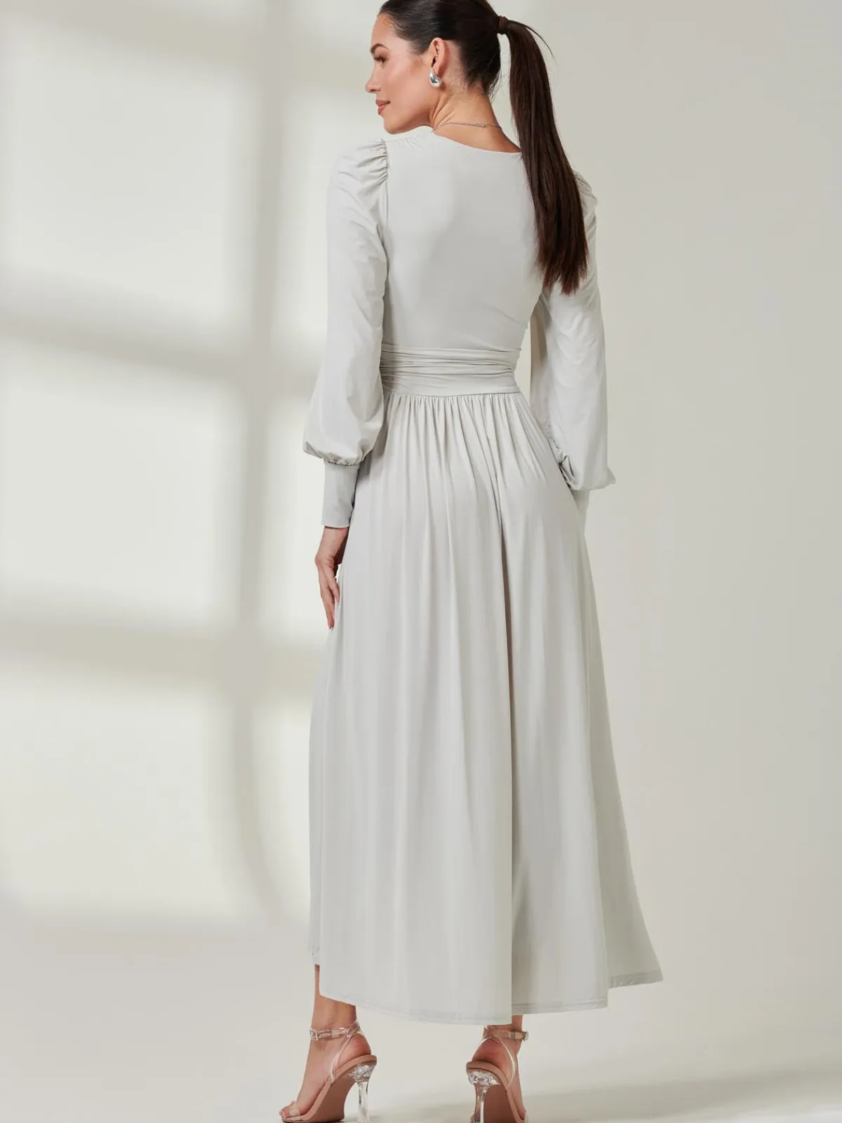 Jolie Moi Occasion Dresses|Long Sleeved Dresses-Long Sleeve Super Soft Jersey Maxi Dress, Pearl
