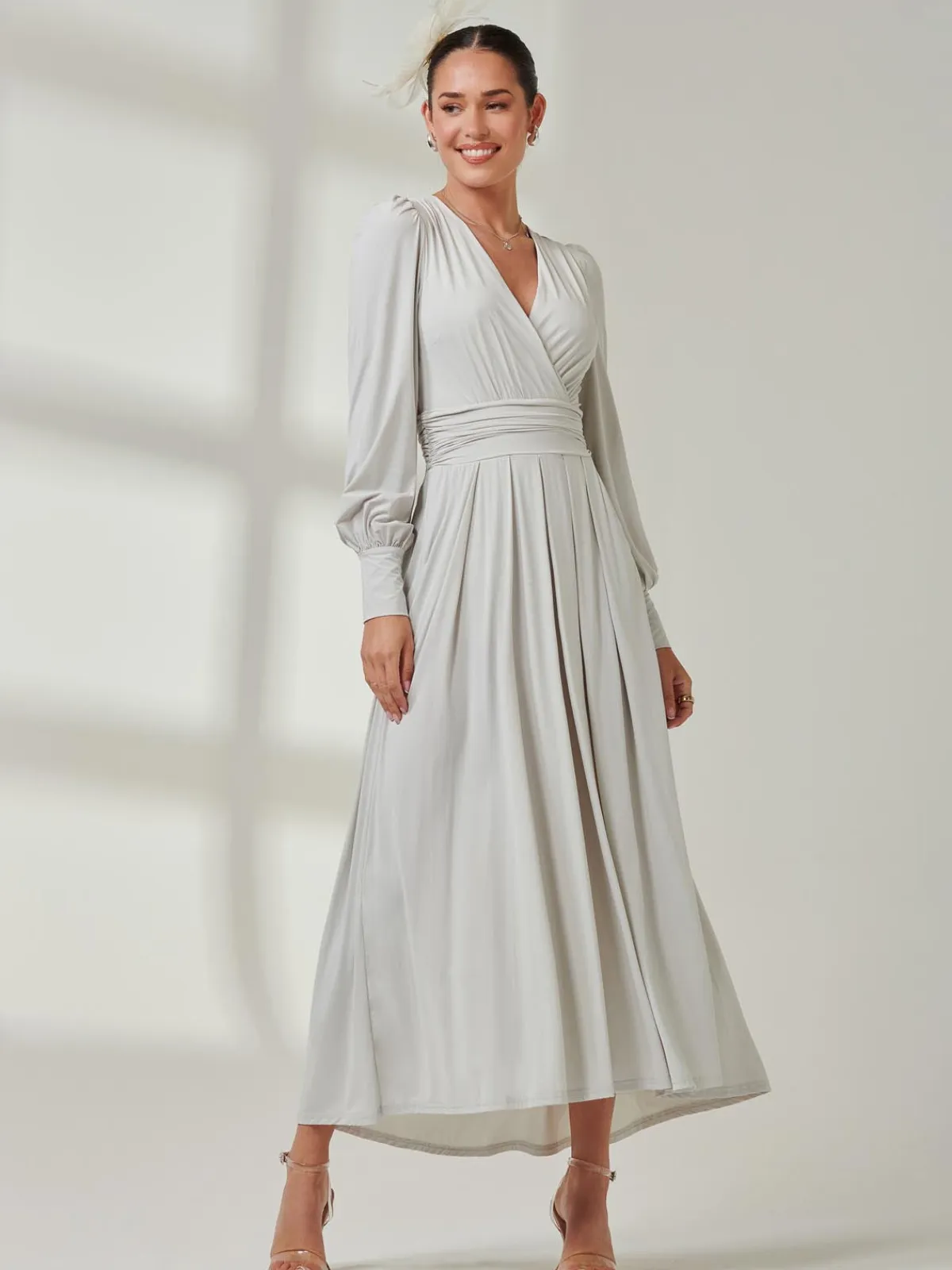 Jolie Moi Occasion Dresses|Long Sleeved Dresses-Long Sleeve Super Soft Jersey Maxi Dress, Pearl