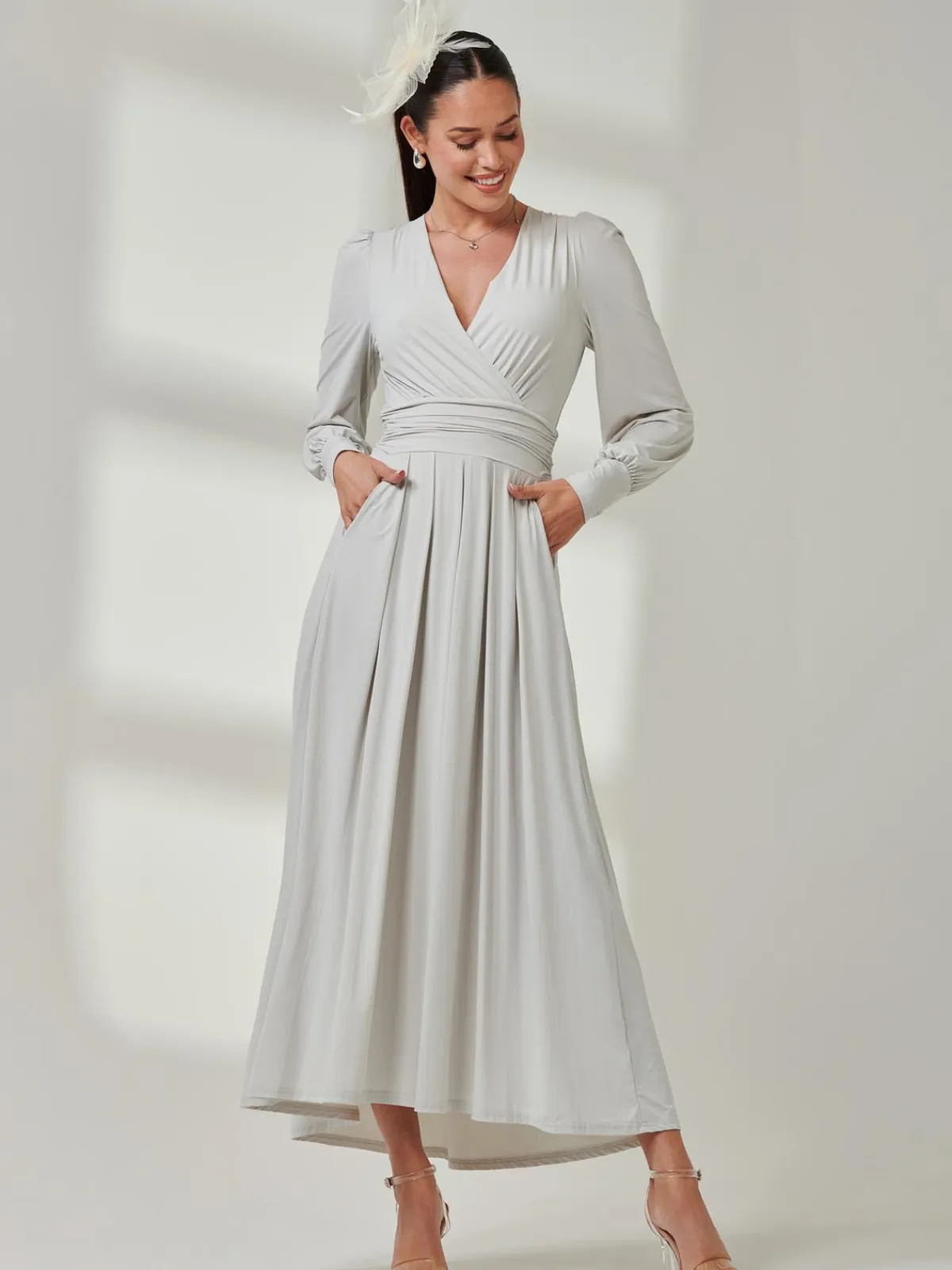 Jolie Moi Occasion Dresses|Long Sleeved Dresses-Long Sleeve Super Soft Jersey Maxi Dress, Pearl