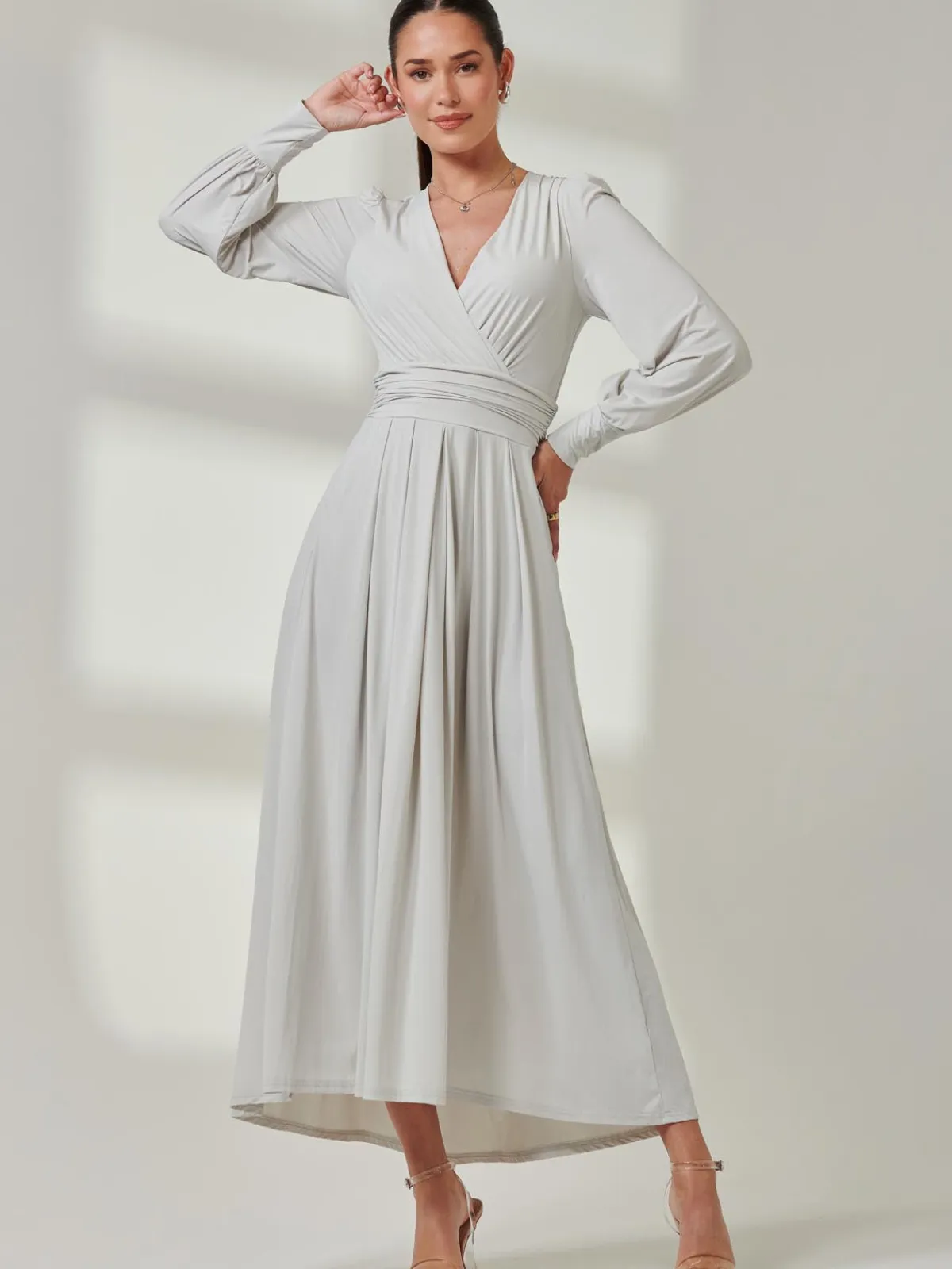 Jolie Moi Occasion Dresses|Long Sleeved Dresses-Long Sleeve Super Soft Jersey Maxi Dress, Pearl