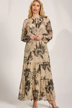 Jolie Moi Occasion Dresses|Wedding Guest-Long Sleeve Tie Neck Maxi Dress, Beige Pattern