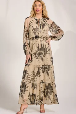Jolie Moi Occasion Dresses|Wedding Guest-Long Sleeve Tie Neck Maxi Dress, Beige Pattern