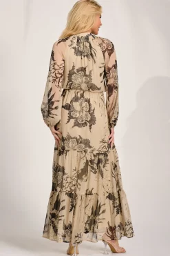 Jolie Moi Occasion Dresses|Wedding Guest-Long Sleeve Tie Neck Maxi Dress, Beige Pattern