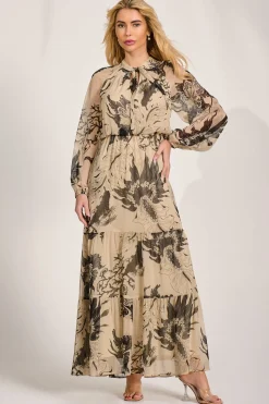 Jolie Moi Occasion Dresses|Wedding Guest-Long Sleeve Tie Neck Maxi Dress, Beige Pattern
