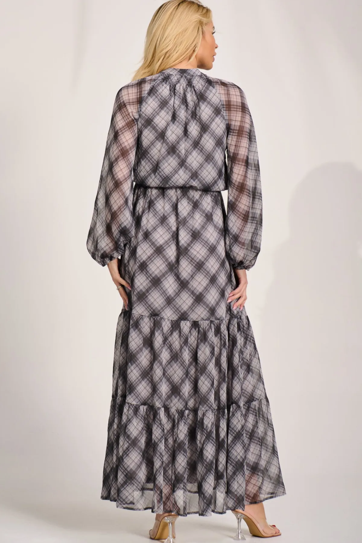 Jolie Moi Occasion Dresses|Wedding Guest-Long Sleeve Tie Neck Maxi Dress, Black Check