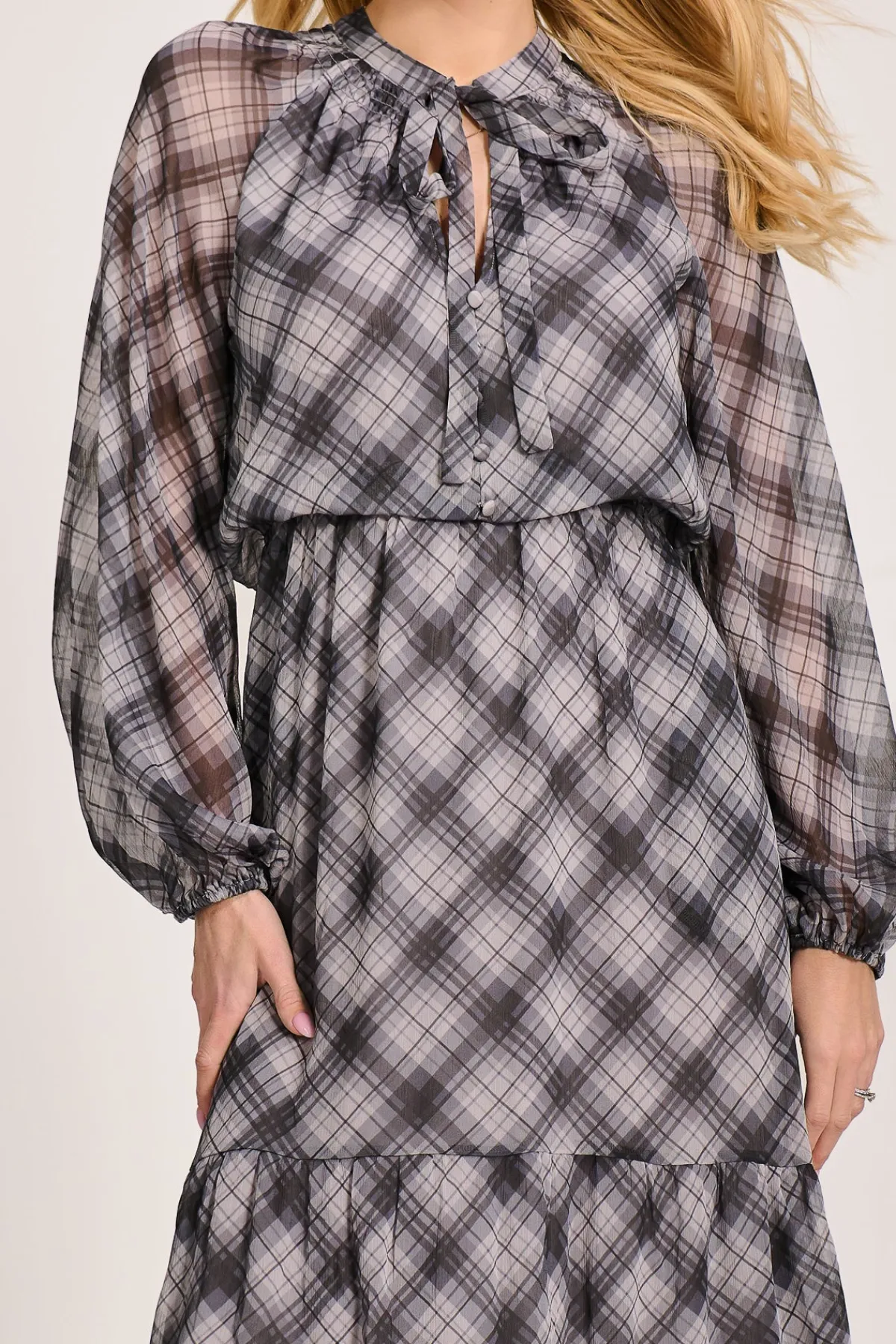 Jolie Moi Occasion Dresses|Wedding Guest-Long Sleeve Tie Neck Maxi Dress, Black Check