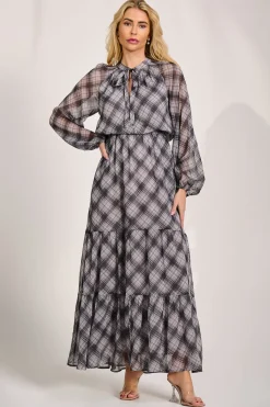 Jolie Moi Occasion Dresses|Wedding Guest-Long Sleeve Tie Neck Maxi Dress, Black Check