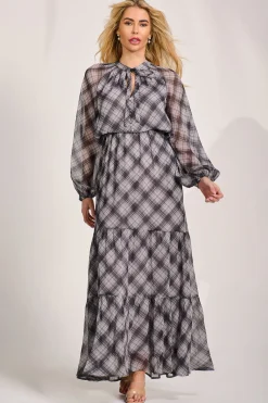 Jolie Moi Occasion Dresses|Wedding Guest-Long Sleeve Tie Neck Maxi Dress, Black Check