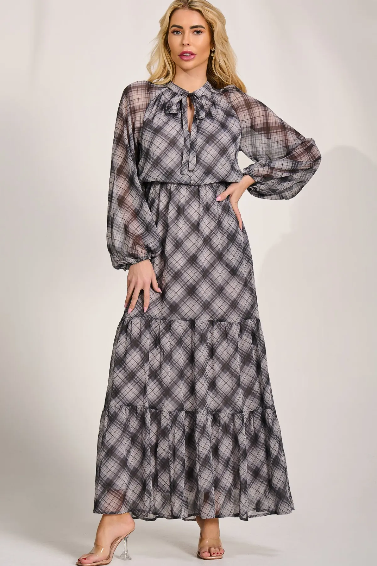 Jolie Moi Occasion Dresses|Wedding Guest-Long Sleeve Tie Neck Maxi Dress, Black Check