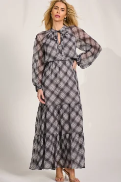 Jolie Moi Occasion Dresses|Wedding Guest-Long Sleeve Tie Neck Maxi Dress, Black Check