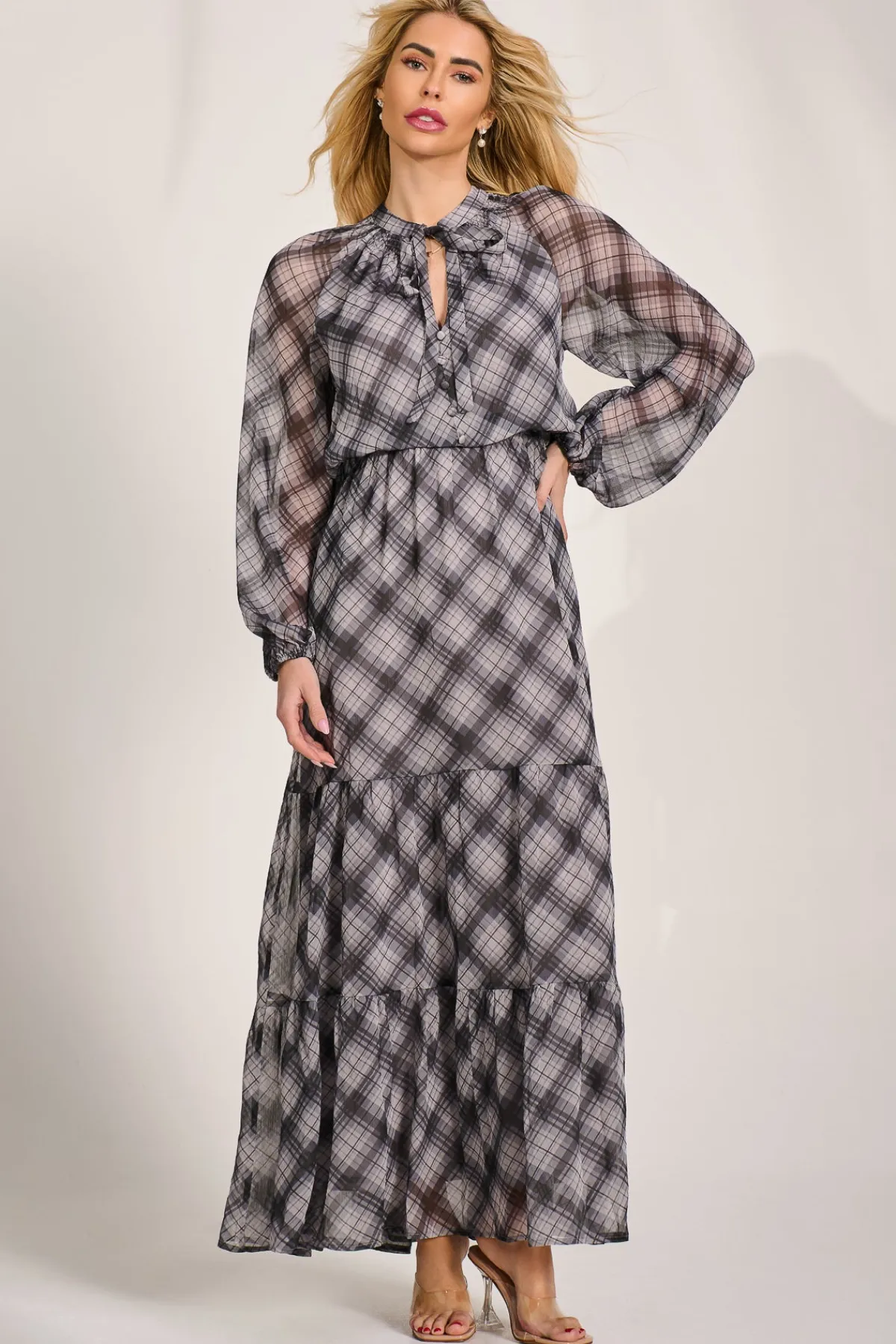 Jolie Moi Occasion Dresses|Wedding Guest-Long Sleeve Tie Neck Maxi Dress, Black Check