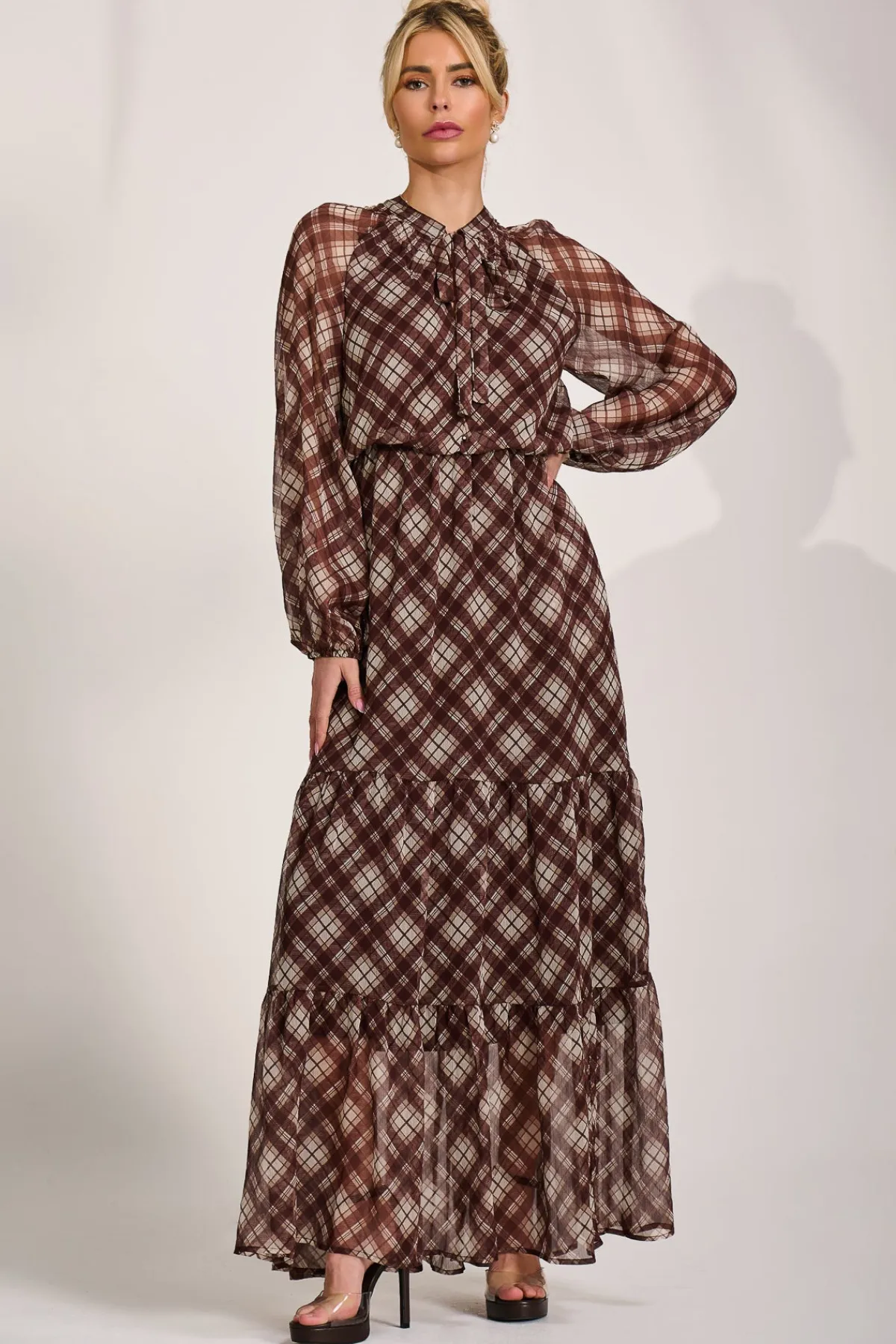 Jolie Moi Occasion Dresses|Wedding Guest-Long Sleeve Tie Neck Maxi Dress, Brown Check