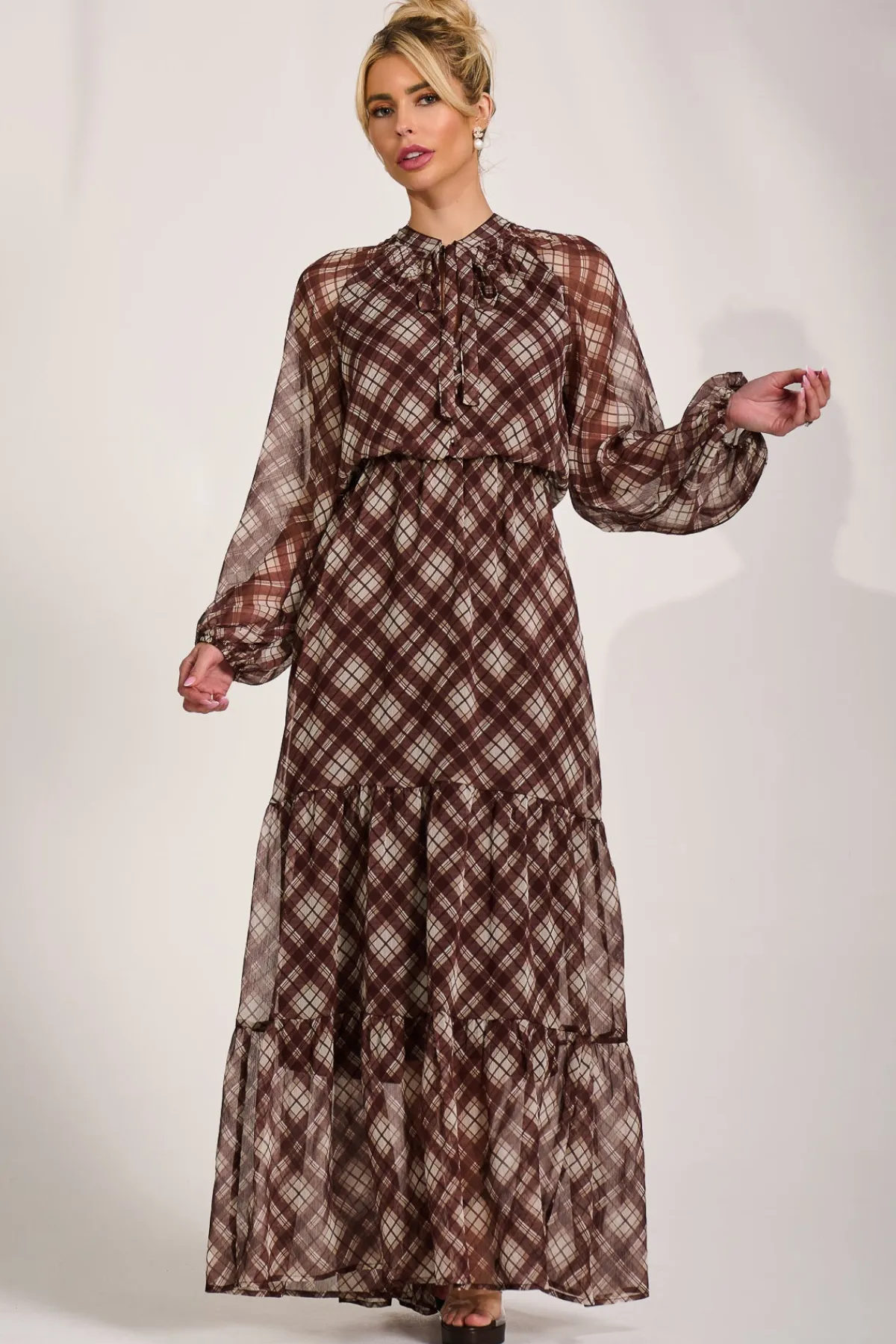 Jolie Moi Occasion Dresses|Wedding Guest-Long Sleeve Tie Neck Maxi Dress, Brown Check