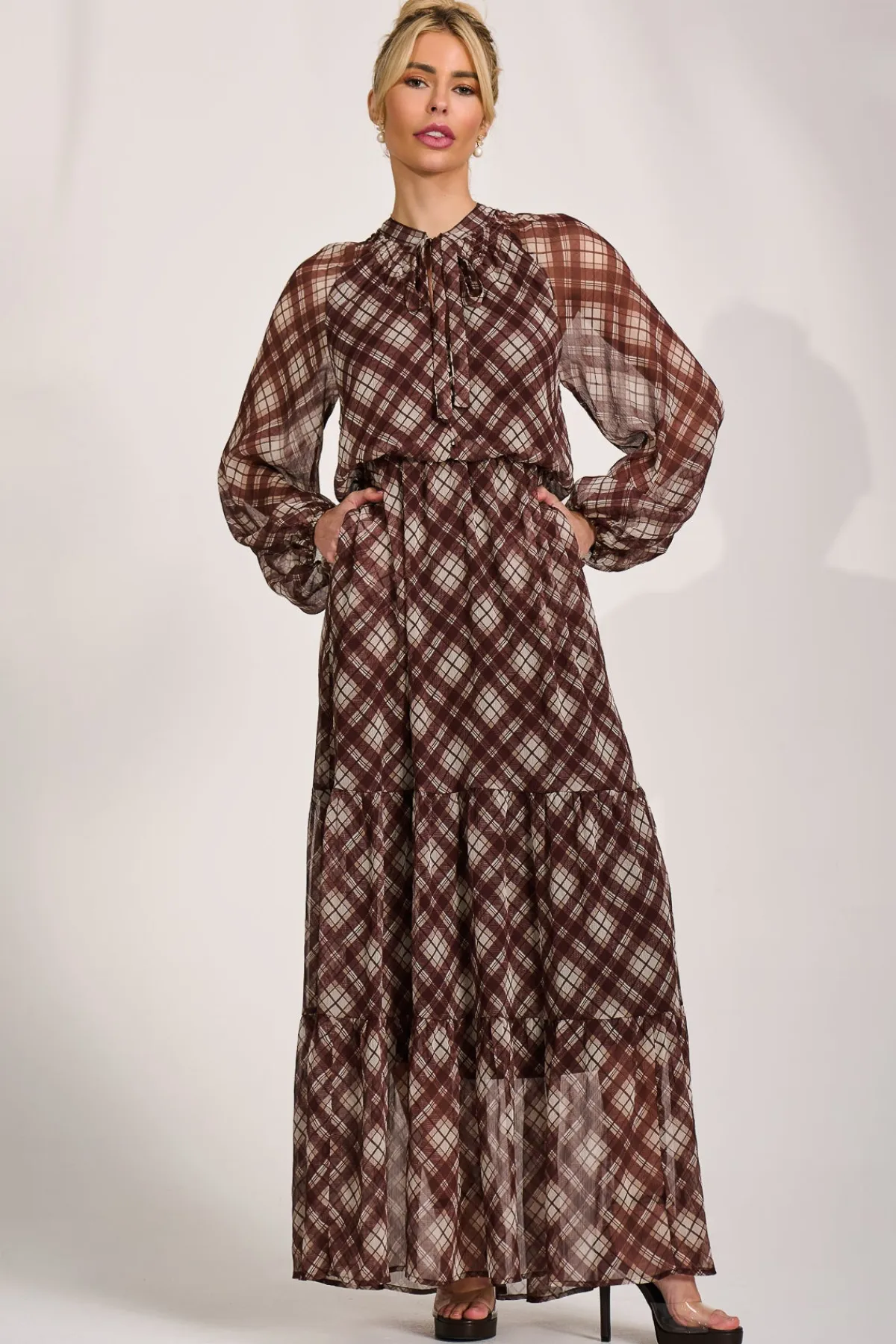 Jolie Moi Occasion Dresses|Wedding Guest-Long Sleeve Tie Neck Maxi Dress, Brown Check