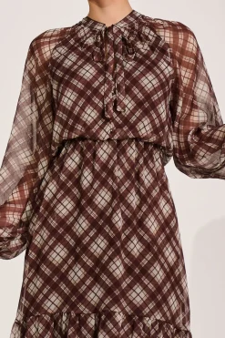 Jolie Moi Occasion Dresses|Wedding Guest-Long Sleeve Tie Neck Maxi Dress, Brown Check
