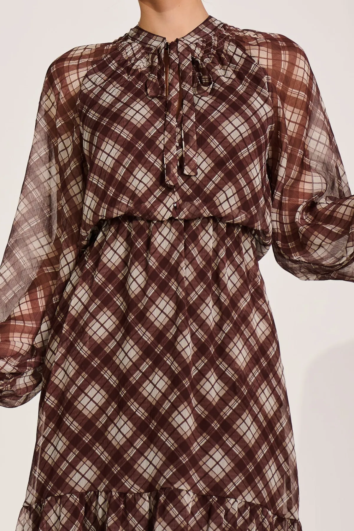 Jolie Moi Occasion Dresses|Wedding Guest-Long Sleeve Tie Neck Maxi Dress, Brown Check