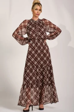 Jolie Moi Occasion Dresses|Wedding Guest-Long Sleeve Tie Neck Maxi Dress, Brown Check
