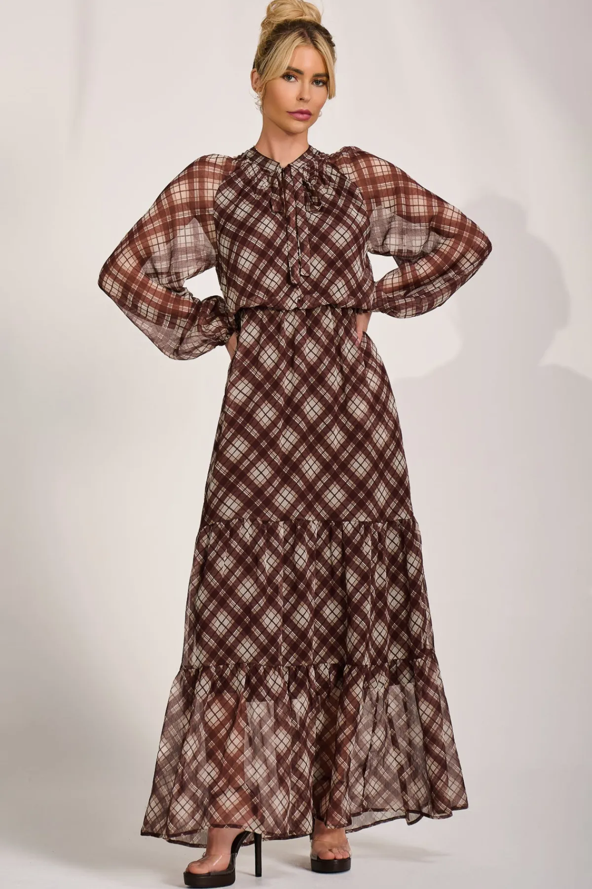 Jolie Moi Occasion Dresses|Wedding Guest-Long Sleeve Tie Neck Maxi Dress, Brown Check