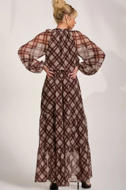 Jolie Moi Occasion Dresses|Wedding Guest-Long Sleeve Tie Neck Maxi Dress, Brown Check