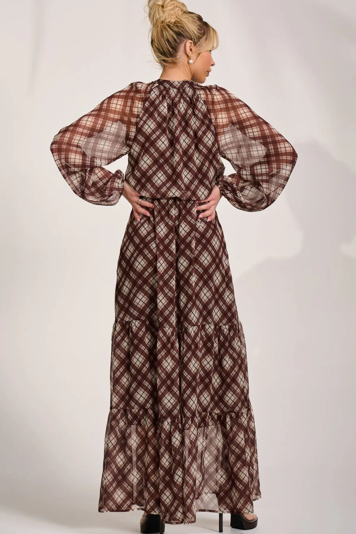 Jolie Moi Occasion Dresses|Wedding Guest-Long Sleeve Tie Neck Maxi Dress, Brown Check