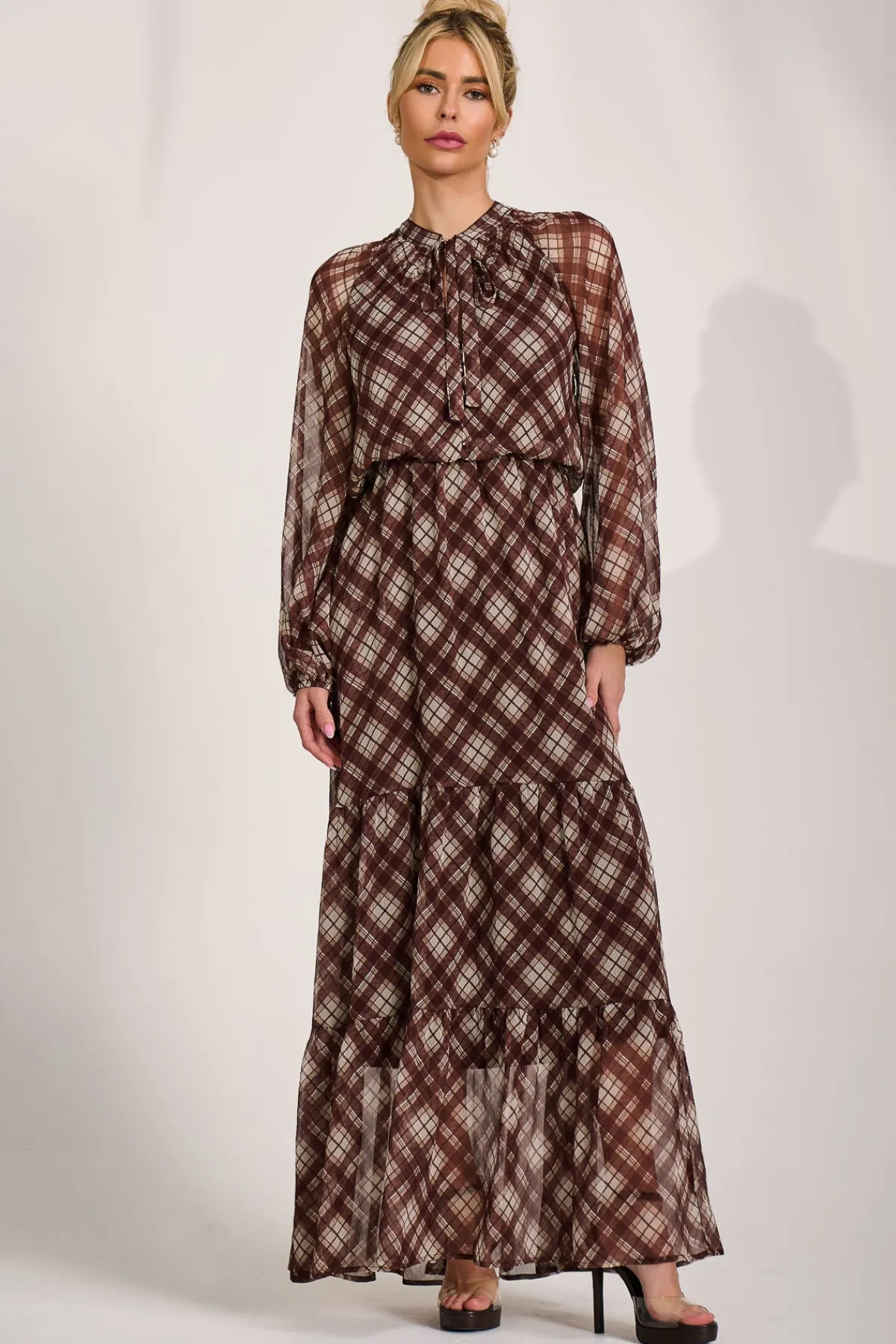Jolie Moi Occasion Dresses|Wedding Guest-Long Sleeve Tie Neck Maxi Dress, Brown Check