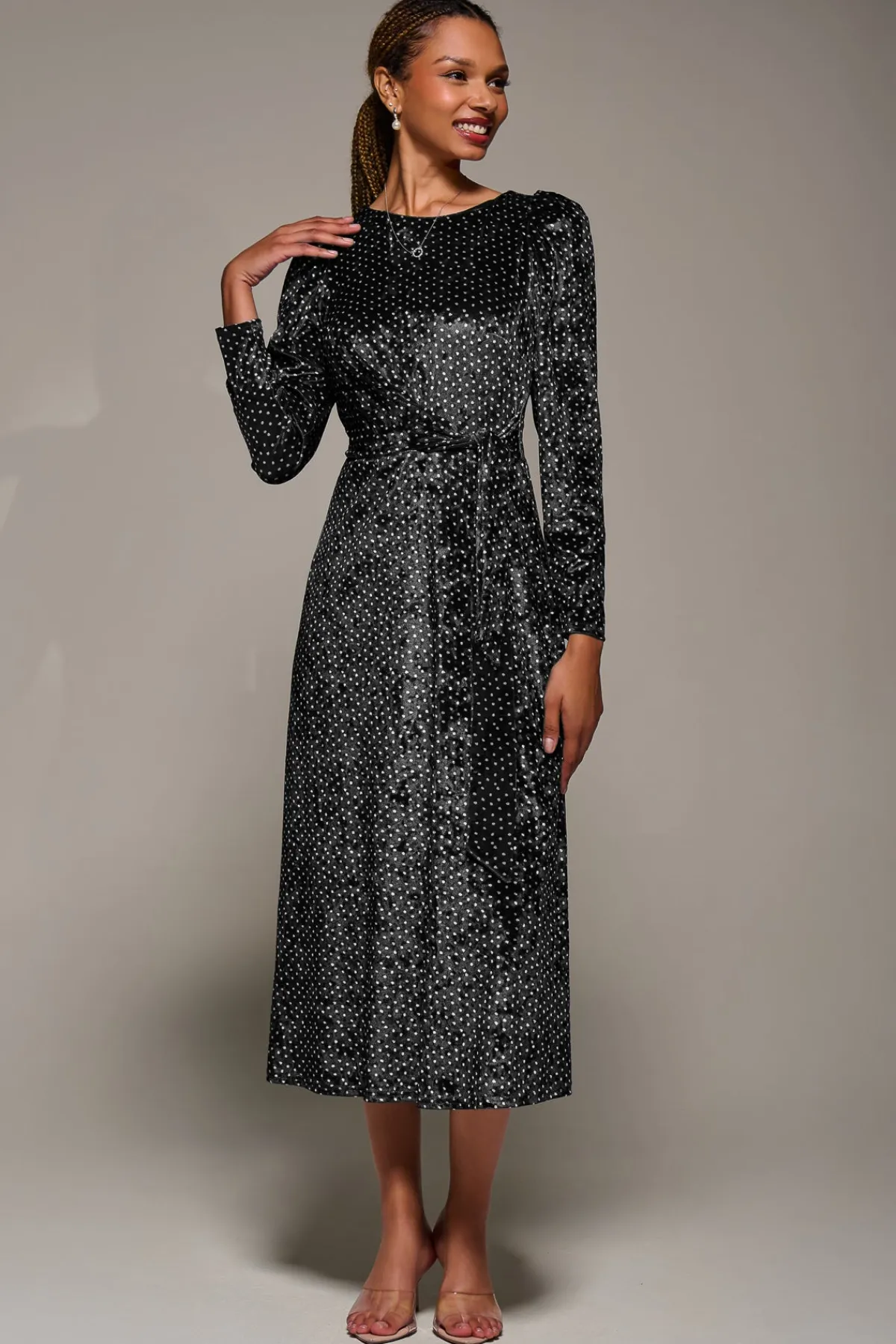 Jolie Moi Occasion Dresses|Velvet Dresses-Long Sleeve Velvet Tie Detail Midi Dress, Black Spot