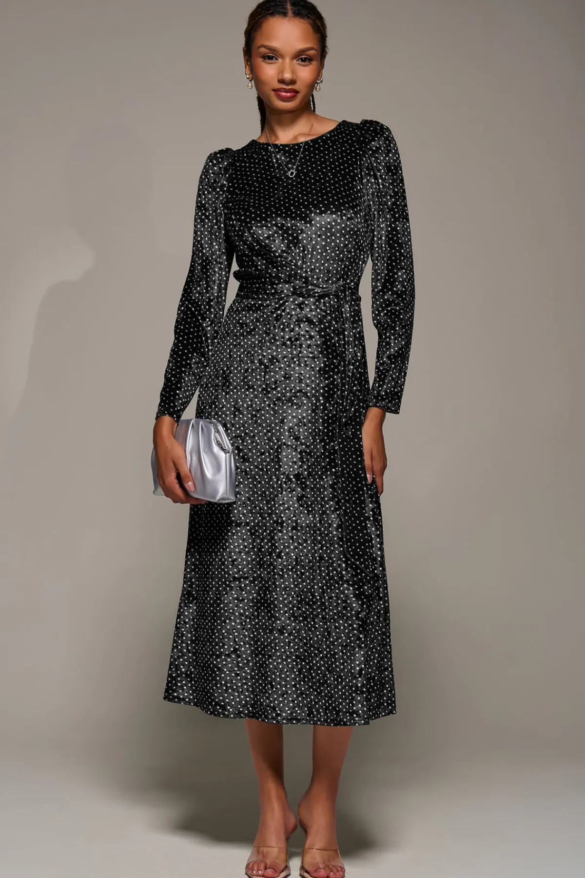 Jolie Moi Occasion Dresses|Velvet Dresses-Long Sleeve Velvet Tie Detail Midi Dress, Black Spot