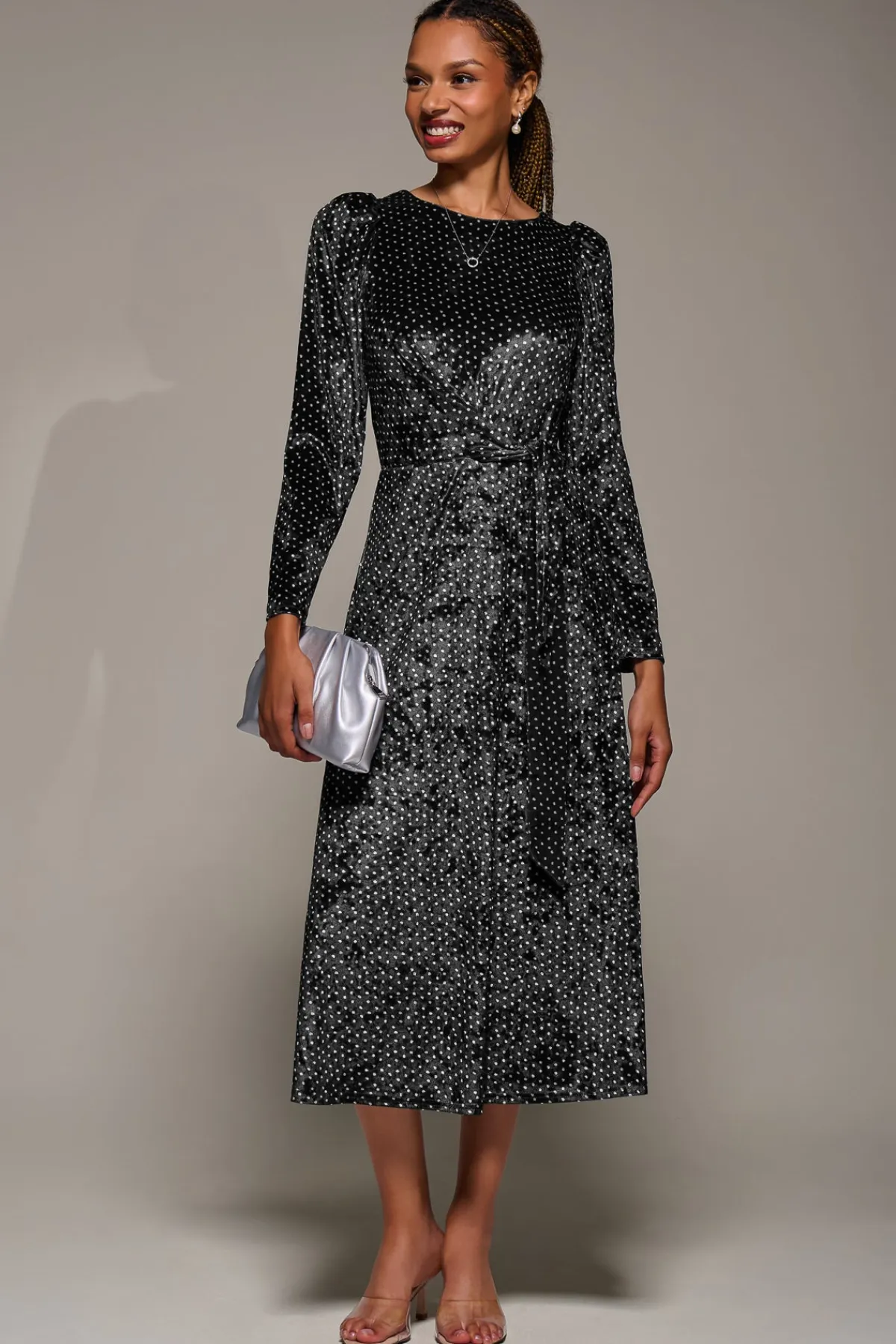 Jolie Moi Occasion Dresses|Velvet Dresses-Long Sleeve Velvet Tie Detail Midi Dress, Black Spot
