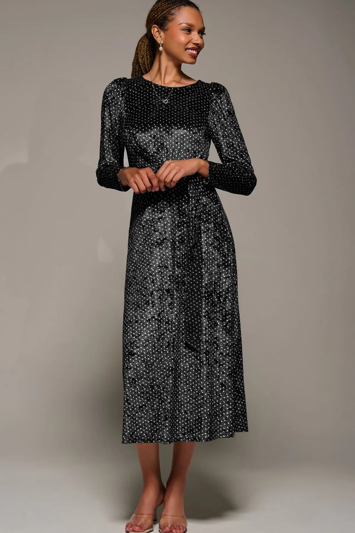 Jolie Moi Occasion Dresses|Velvet Dresses-Long Sleeve Velvet Tie Detail Midi Dress, Black Spot