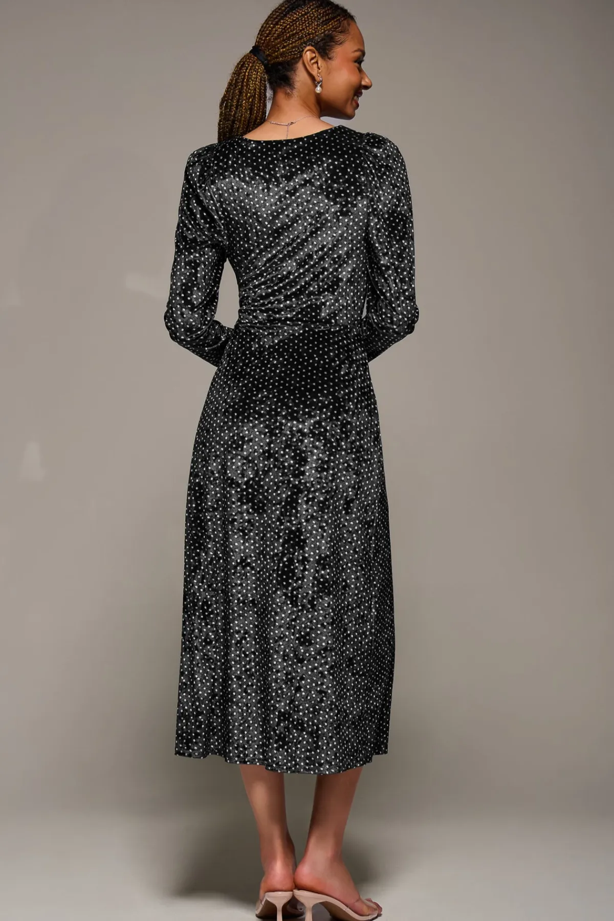 Jolie Moi Occasion Dresses|Velvet Dresses-Long Sleeve Velvet Tie Detail Midi Dress, Black Spot