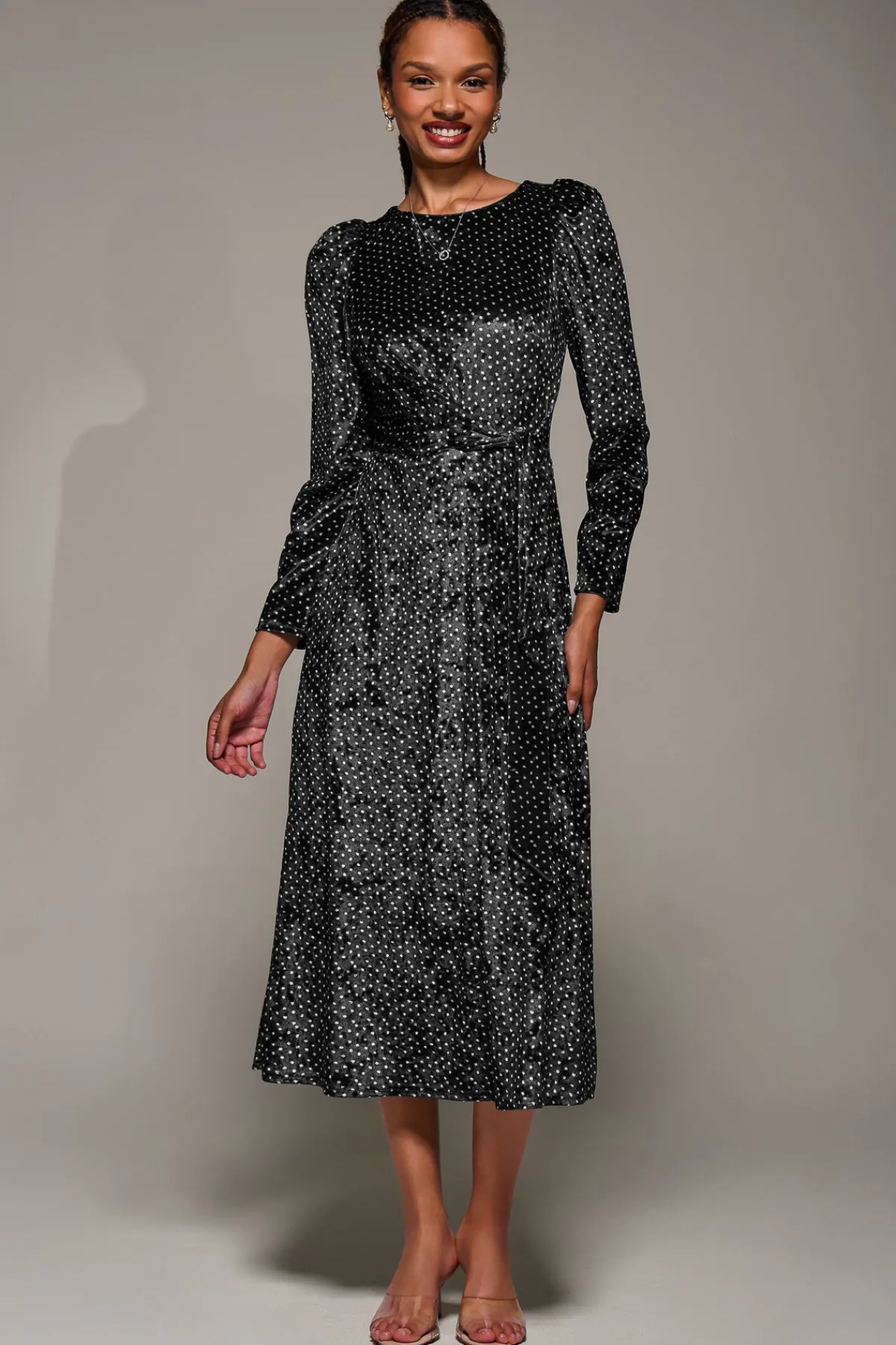 Jolie Moi Occasion Dresses|Velvet Dresses-Long Sleeve Velvet Tie Detail Midi Dress, Black Spot