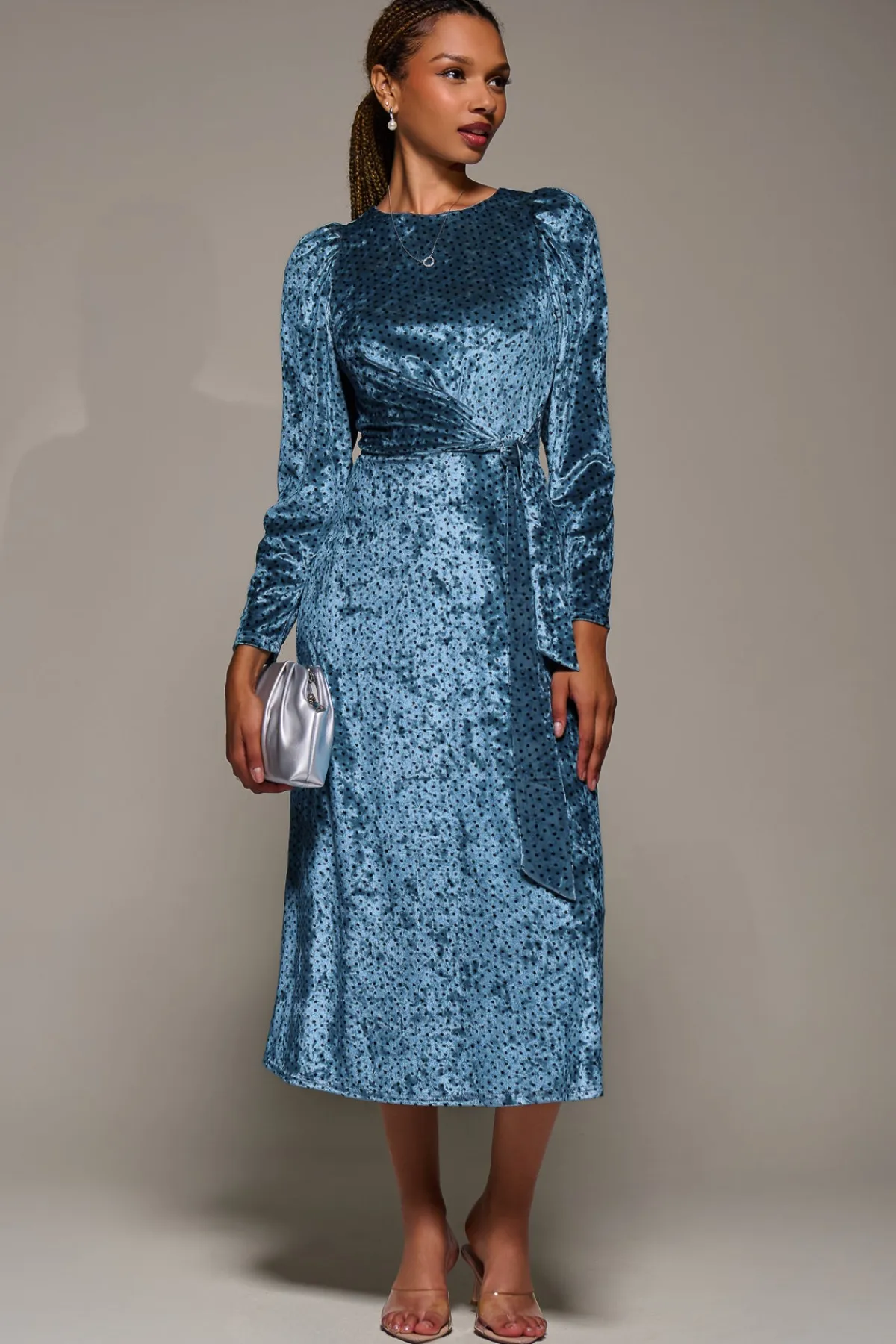 Jolie Moi Occasion Dresses|Velvet Dresses-Long Sleeve Velvet Tie Detail Midi Dress, Blue Spot