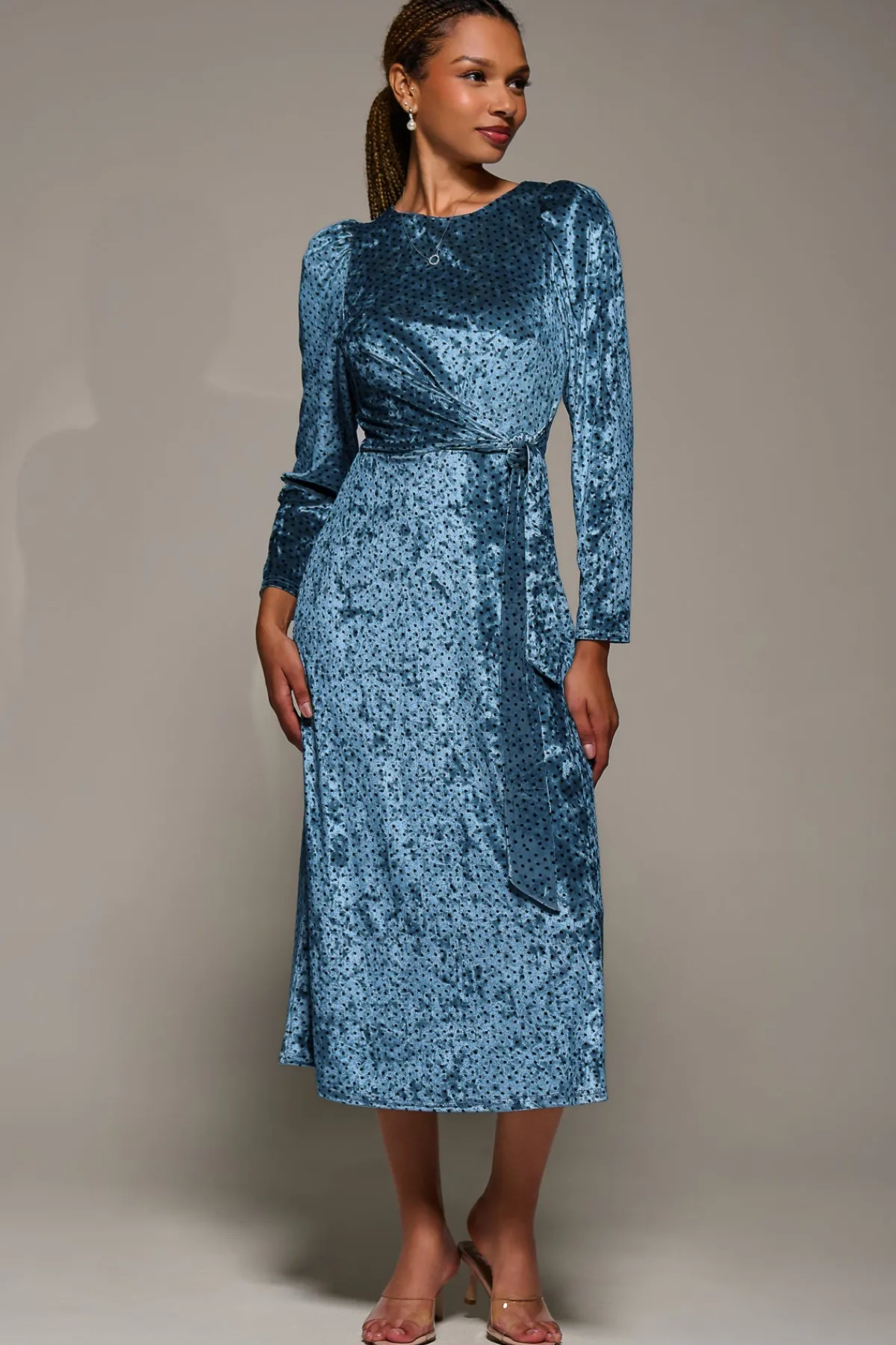 Jolie Moi Occasion Dresses|Velvet Dresses-Long Sleeve Velvet Tie Detail Midi Dress, Blue Spot