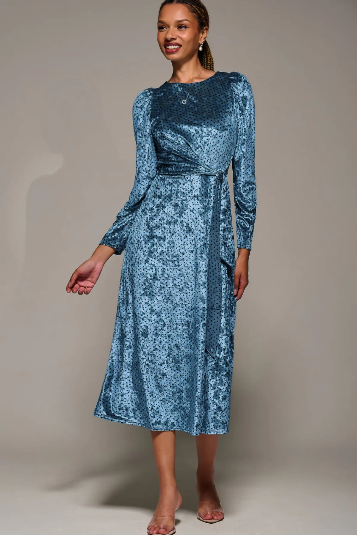 Jolie Moi Occasion Dresses|Velvet Dresses-Long Sleeve Velvet Tie Detail Midi Dress, Blue Spot