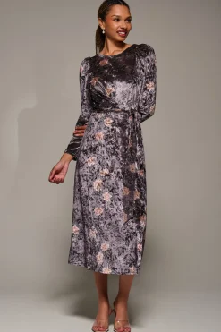 Jolie Moi Occasion Dresses|Floral Dresses-Long Sleeve Velvet Tie Detail Midi Dress, Mauve Floral
