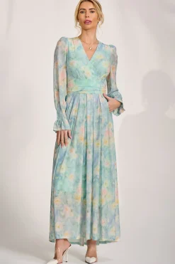 Jolie Moi Wedding Guest|Mesh Dresses-Long Sleeve V Neck Mesh Maxi Dress, Green Abstract